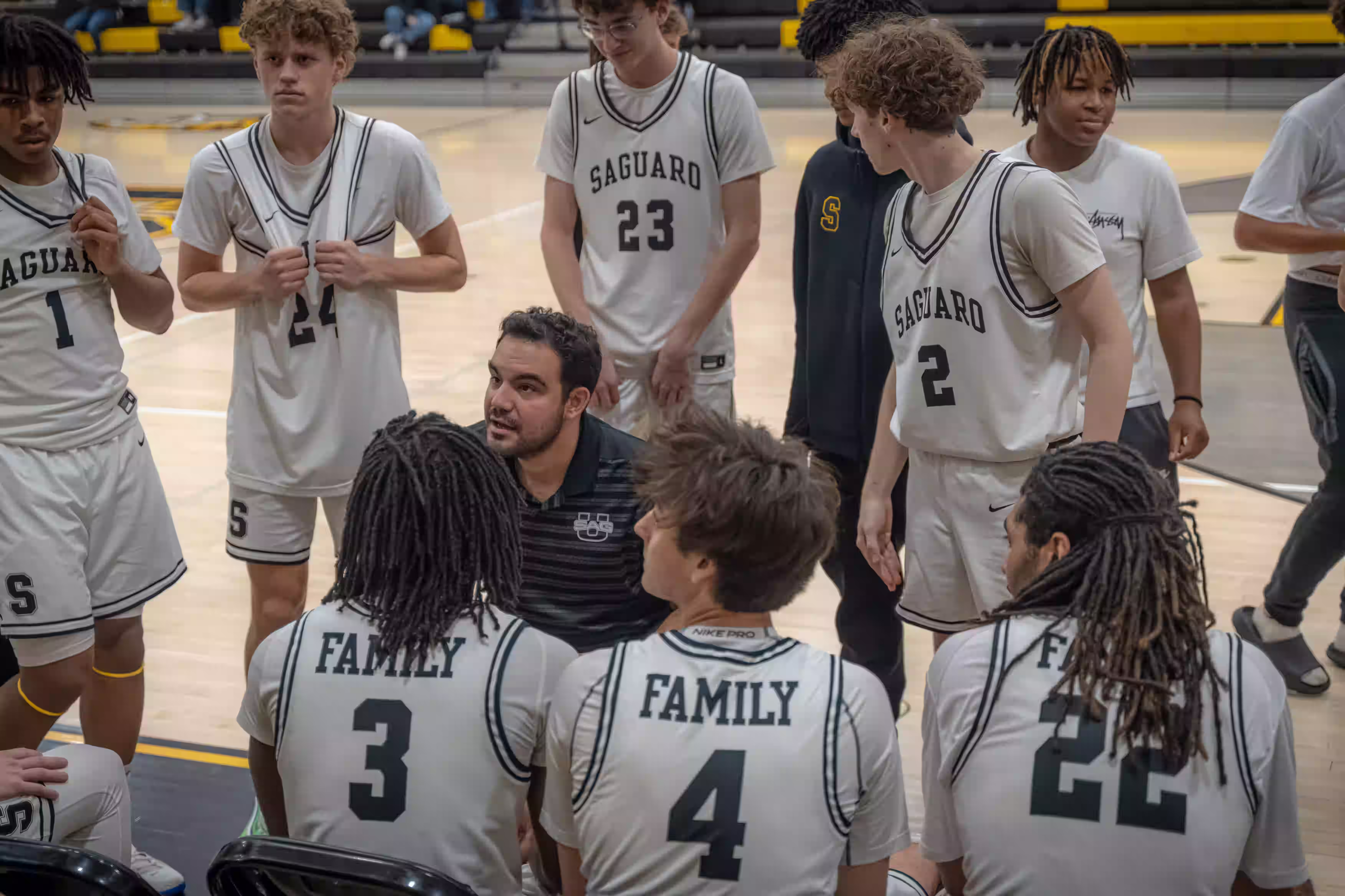 Basketball team in a huddle